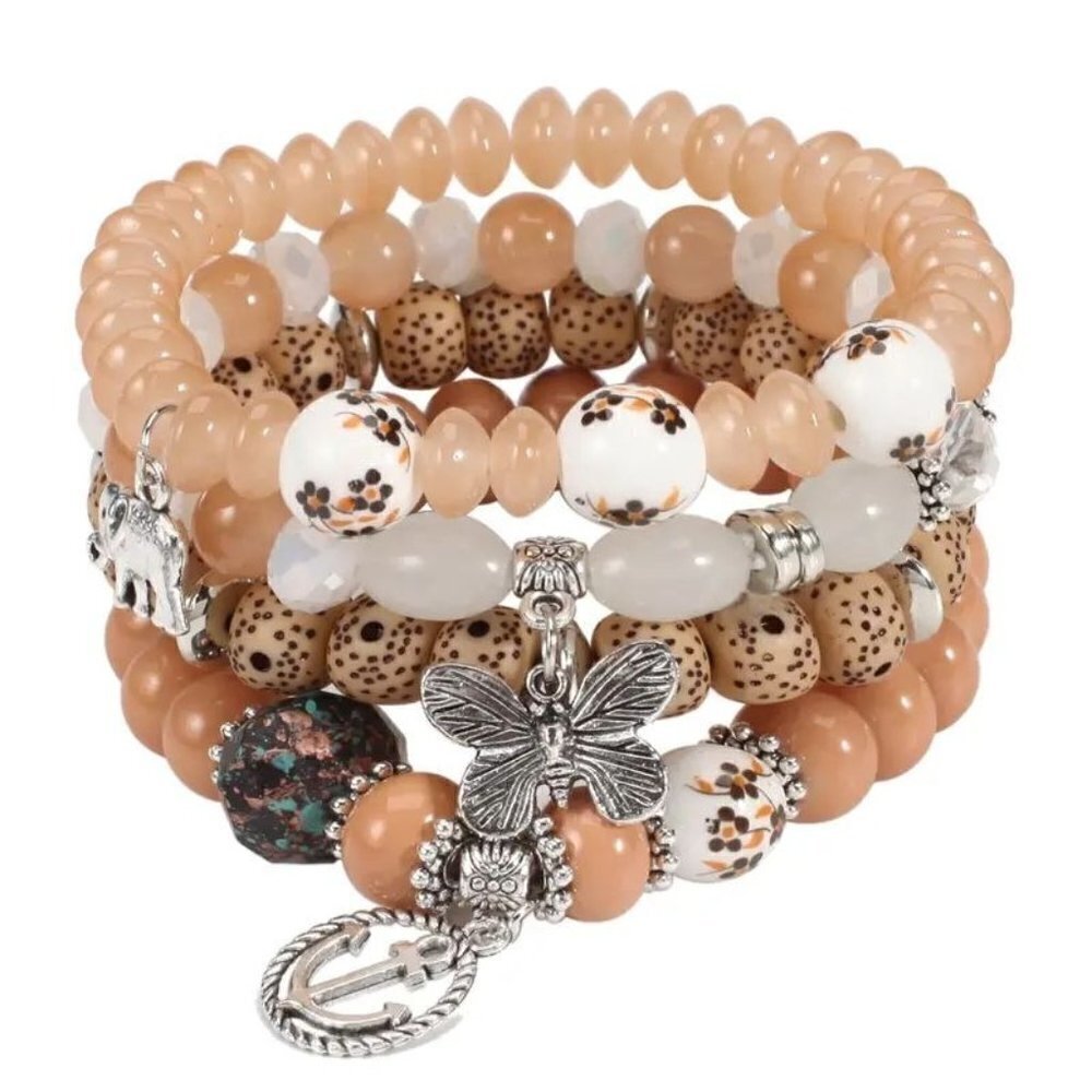 Bohemian Layered Glass Beaded Charm Bracelet (Coffee)